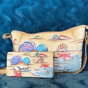 Anuschka Beige Crossbody Bag with Colorful Seashell Design and Matching Wallet